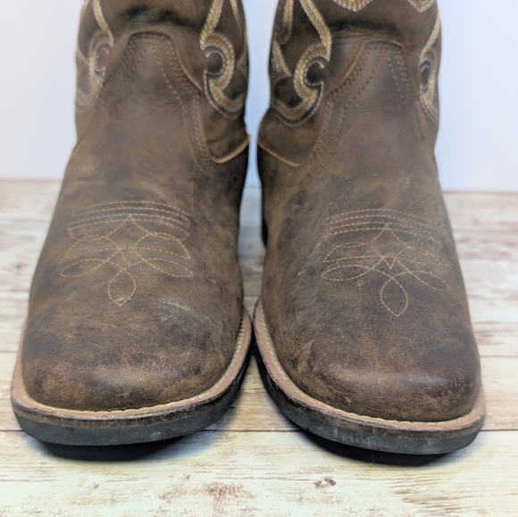 Cowboy Western Square Toe Brown Leather Boots EUC Men's Size 8 Survivors Brand - Picture 3 of 14